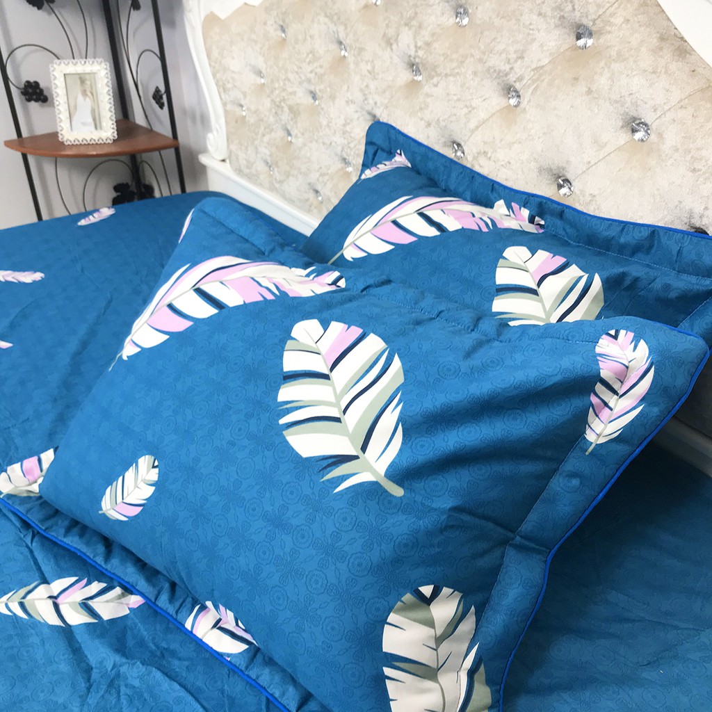 Bộ Ga Gối Cotton 100% Hàng Việt Nam Chất Lượng Cao Mẫu LÔNG CHIM XANH. Thấm Hút Mồ Hôi Cực Tốt