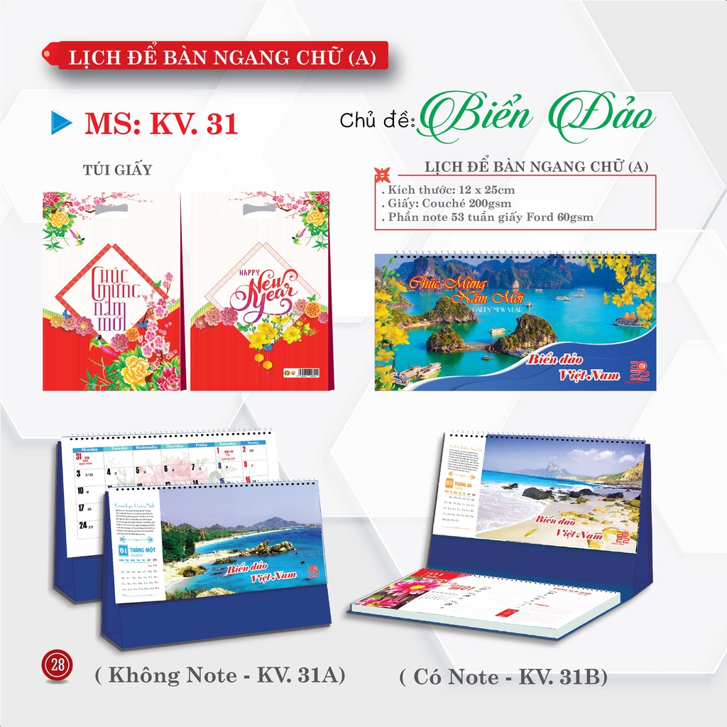 Lịch để bàn ngang chữ A 12x25 Có Note và Không Note - Mẫu ngẫu nhiên