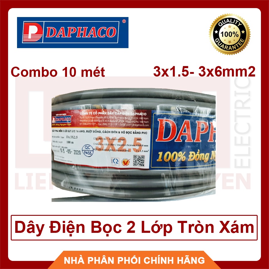 Dây Điện Đôi Bọc 2 Lớp Tròn Xám 3 Lõi 3x1.5mm2 Đến 3x6.0mm2 Daphaco Ruột Đồng Nguyên Chất Chịu Tải Cao