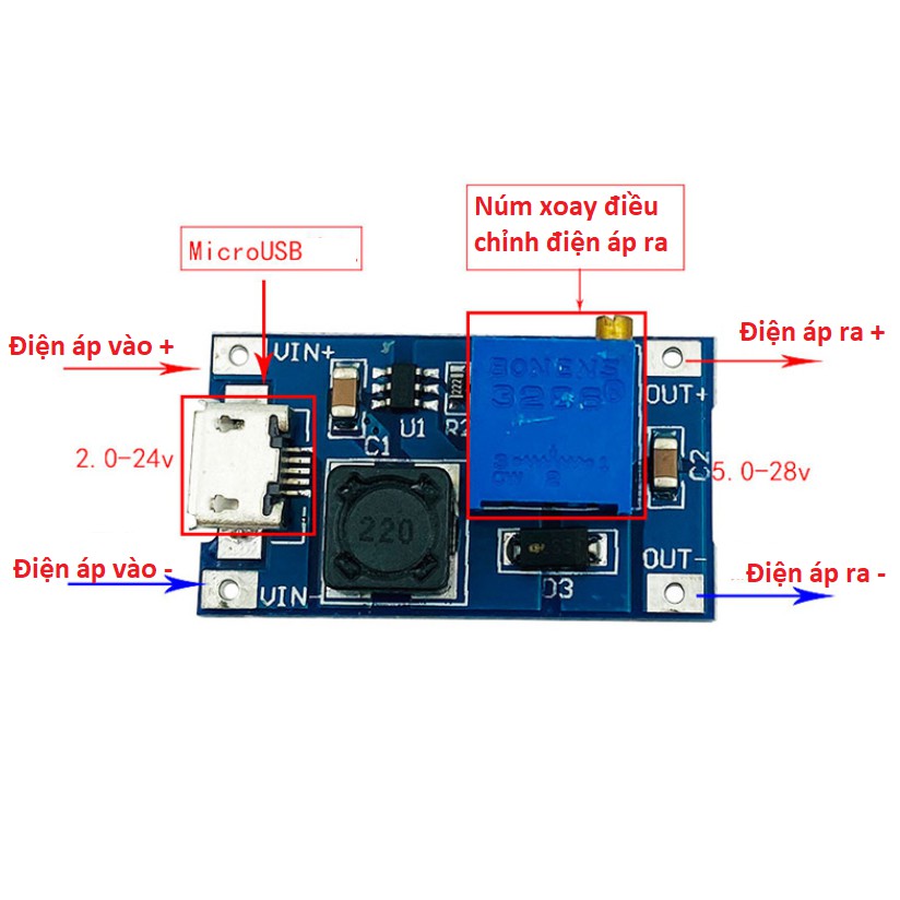 Mạch Tăng Áp Đầu Vào Microusb hoặc Dc 2v đến 24v ra Dc 5v đến 28v tối đa 2A