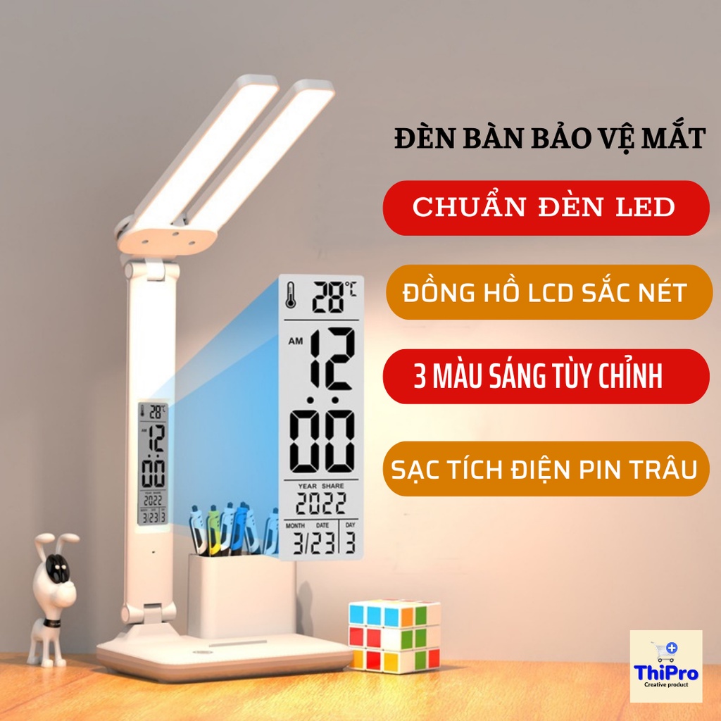 Đèn LED Để Bàn Đa Năng, Đèn Học Để Bàn Chống Cận Cao Cấp Với 3 Màu Sáng Và Đồng Hồ LCD Sắc Nét