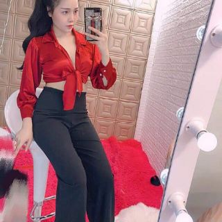 Áo crop top đắp chéo kiểu sơ mi thắt nơ lưng