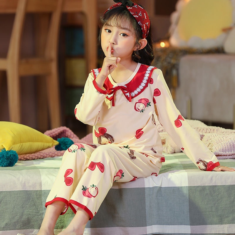 Bộ đồ ngủ tay dài cổ búp bê chất liệu polyester in họa tiết phong cách Nhật Bản cho bé gái