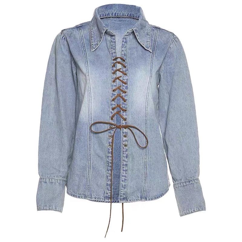 A001 Áo bò mùa thu ulzzang dây buộc thiết kế áo sơ mi Denim jackets tay dài siêu xinh màu phai đẹp