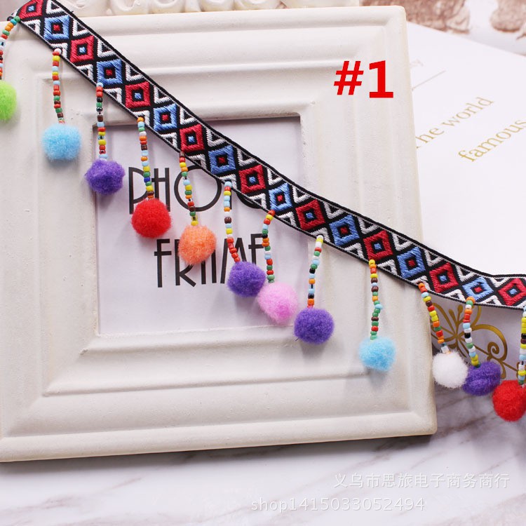 Dây viền trang trí kiểu núm tua cotton phối ren 1 yard cho đồ thủ công