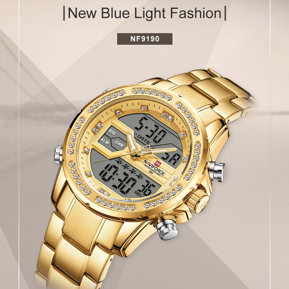 Naviforce Đồng Hồ Quartz Điện Tử Đính Pha Lê Hai Mặt Chất Liệu Thép Không Gỉ Chống Thấm Nước