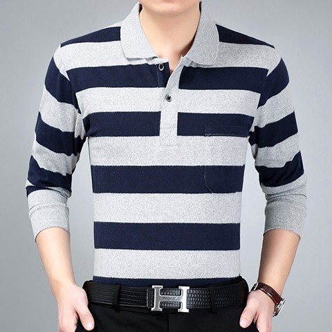 ✗☫♣Storm Dust-Middle-aged men's long-sleeved T-shirt lapel loose big code casual daddy dress Striped polo Shirt