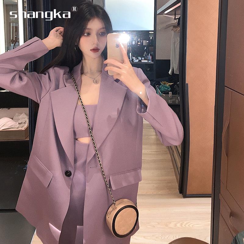 Set áo khoác vest tay dài dáng rộng đầm hai dây màu tím thời trang