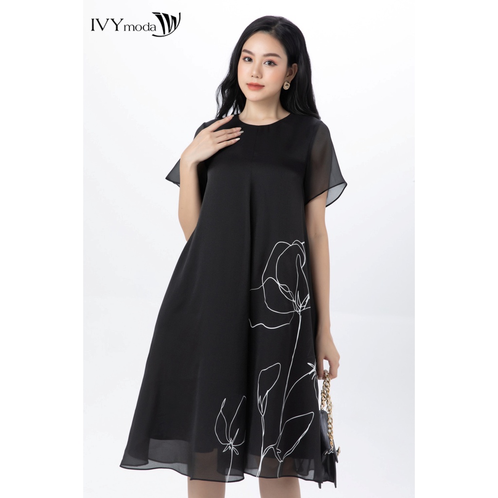 Đầm lụa bay phối line hoa IVY moda MS 48M7490