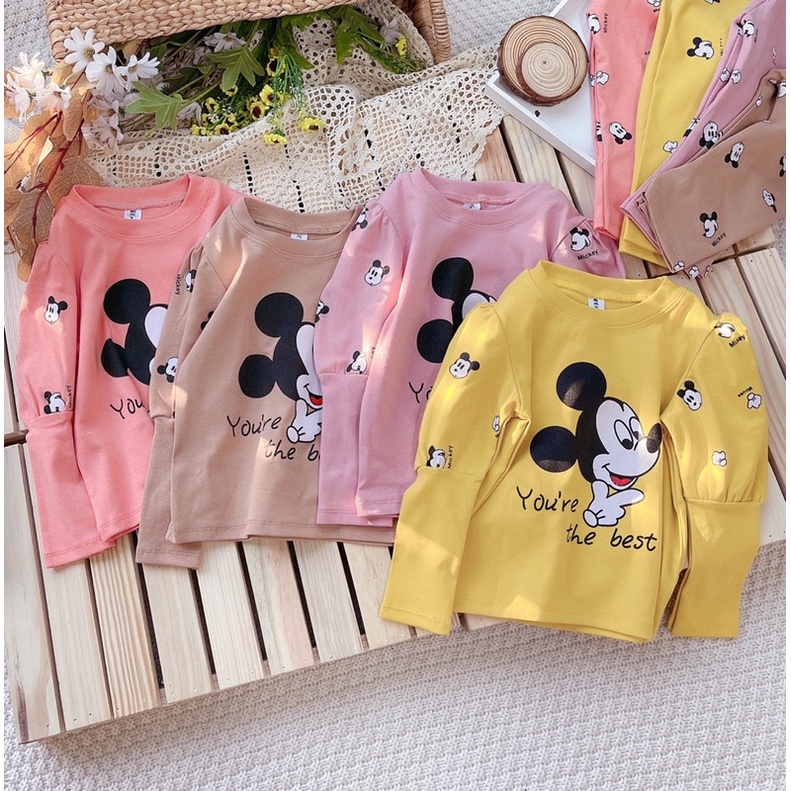 Bộ Cotton Bé Gái Hình Micky thiết kế tay bồng siêu xinh❤️ Bộ dài tay thu đông cho bé