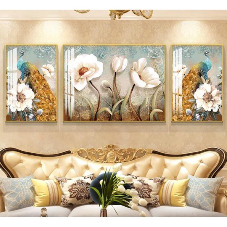 Bộ 3 Tranh Treo Tường Tráng Gương Decor Phòng Khách/ Ngủ/ Nhà Cửa/Cầu Thang Chim Công Và Bình Hoa Tráng Gương Cao Cấp