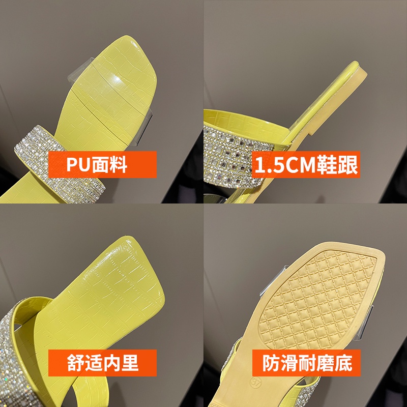 IELGY Dép Sandal Mũi Vuông Trong Suốt Đính Đá Phong Cách Hàn Quốc