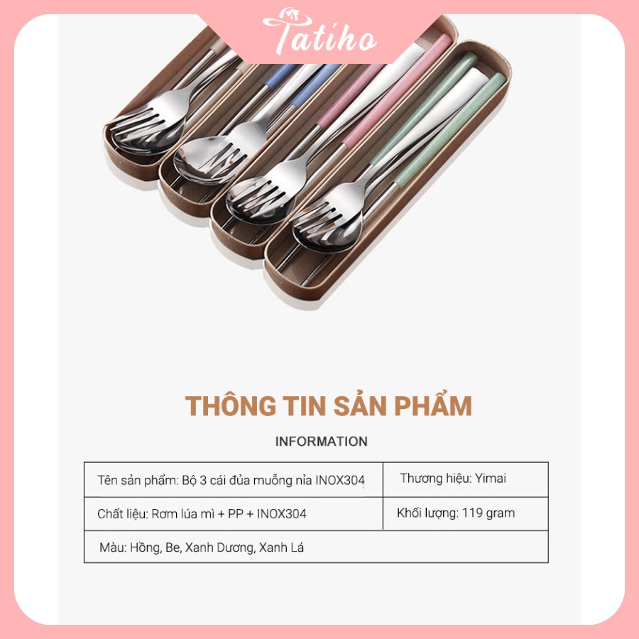 [Hàng Xịn, Giá Tốt] Bộ 3 Món Đũa, Muỗng, Nĩa Lúa Mạch Chất Liệu Inox 304 Không Rỉ Kèm Hộp - Mã HH003