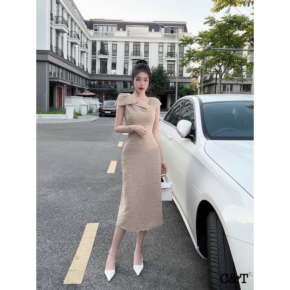 Váy xốp sóng lệch vai nơ