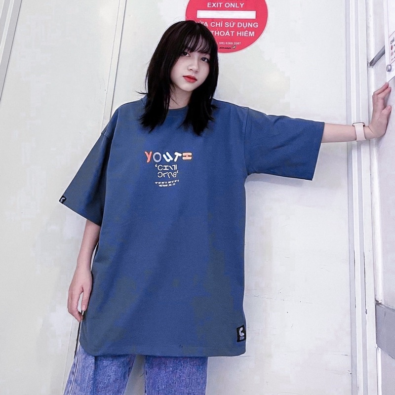 Áo Thun Tay Lỡ Unisex YOUTH màu XANH  Form Nam Nữ Unisex - Kiểu áo phông cổ tròn form rộng