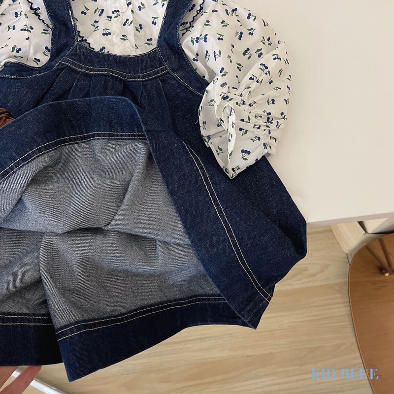Set Áo Sơ Mi Họa Tiết Hoa Và Đầm Yếm Denim Thời Trang Mùa Thu Cho Bé Gái