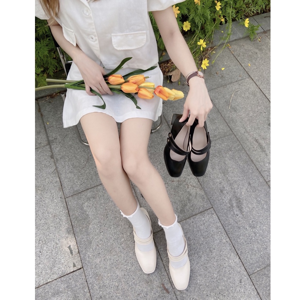 Giày Lolita Ulzzang Vintage, Giày Mary Jane Nữ Mũi Vuông Gót Vuông Cao 5cm Có Hai Quai Ngang Hàn Quốc - Iclassy_shoes