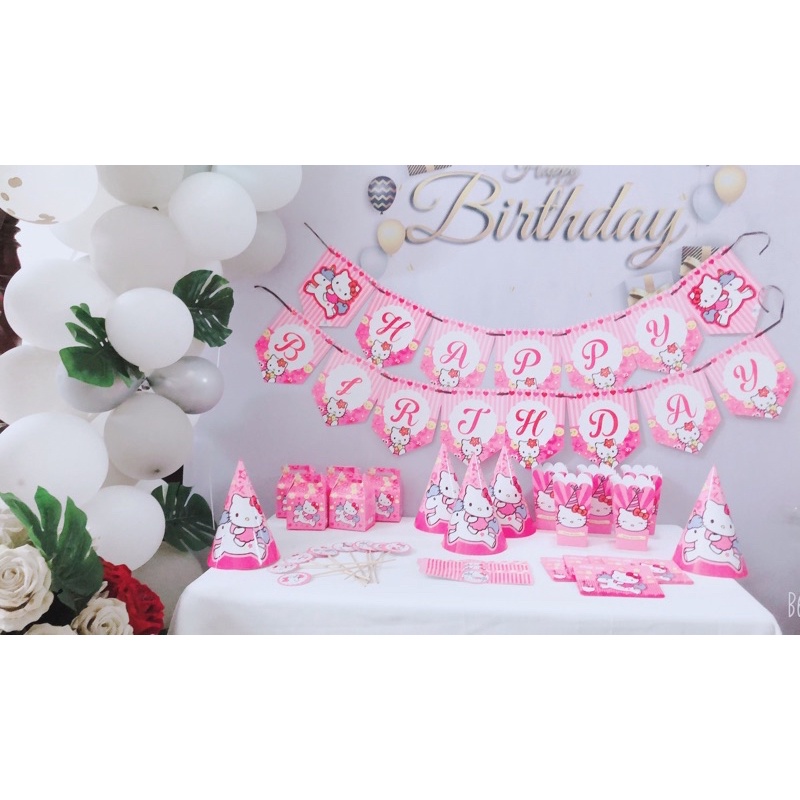 Trang trí bàn tiệc sinh nhật, sét bày bàn sinh nhật 07 chi tiết mẫu kittty hồng cho bé gái- YẾN NHI SHOP