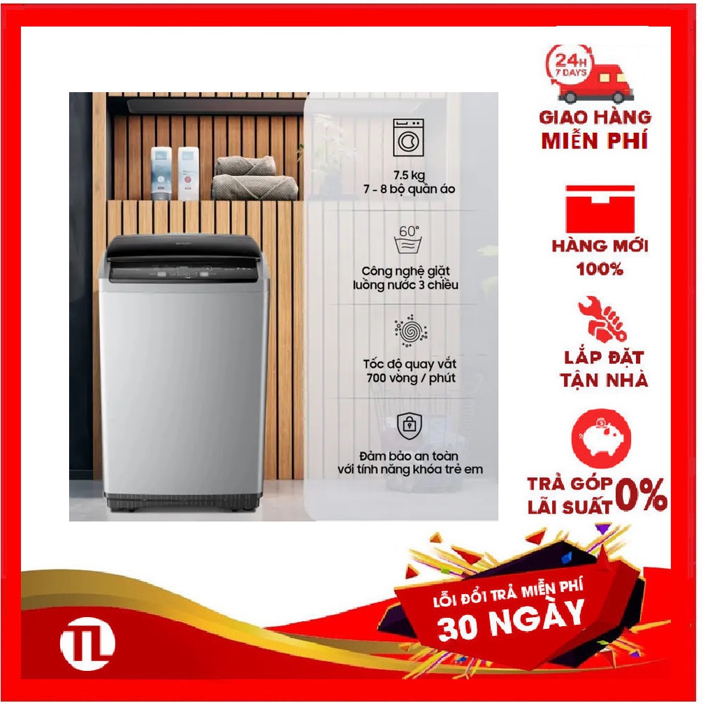 ES-Y75HV-S - Máy Giặt Sharp 7.5Kg Công suất 145W,Bảng điều khiển Nút nhấn,Màn hình hiển thị thời gian