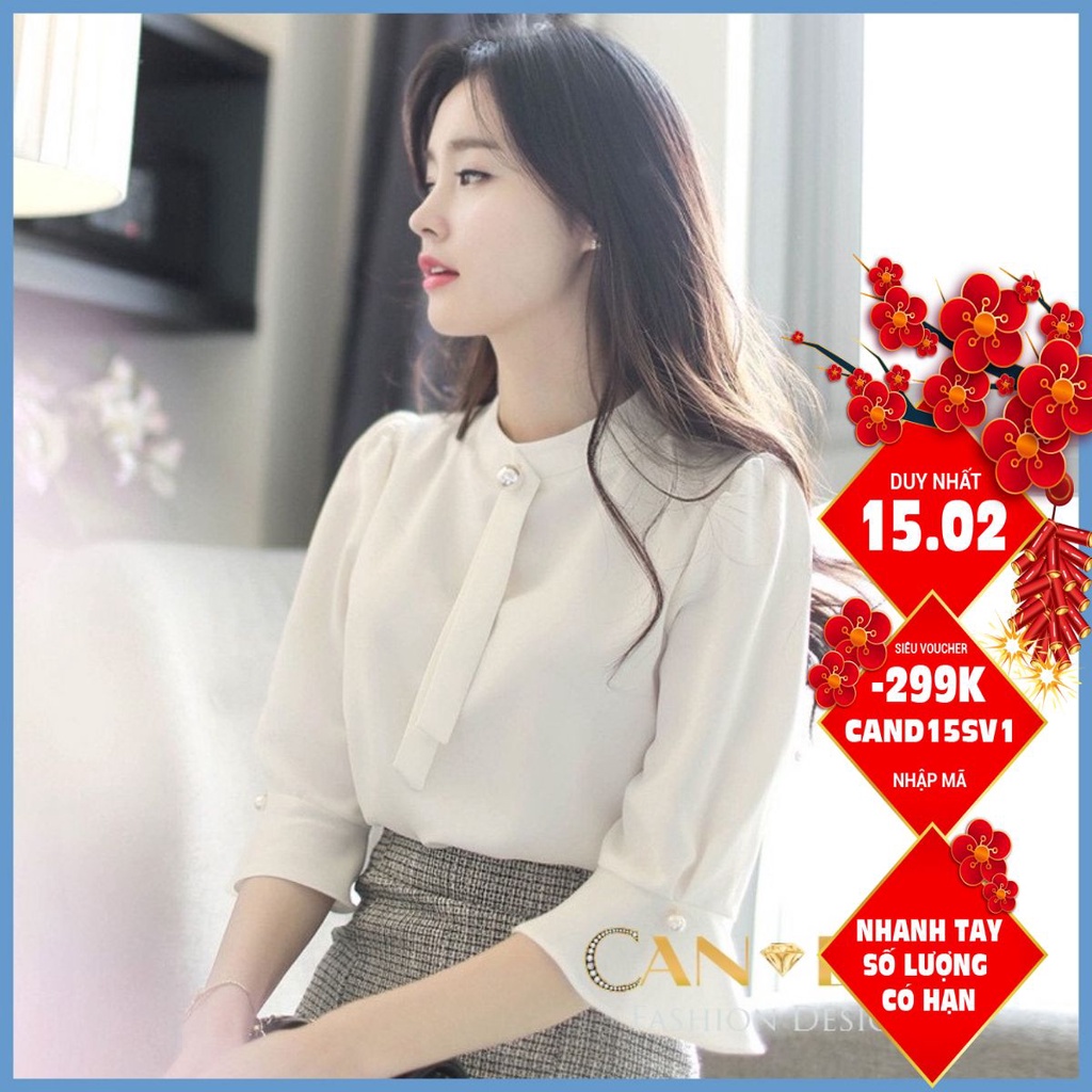 Áo sơ mi trắng nữ kiểu công sở tay lỡ đính ngọc chất lụa cao cấp SM44 Candy Fashion
