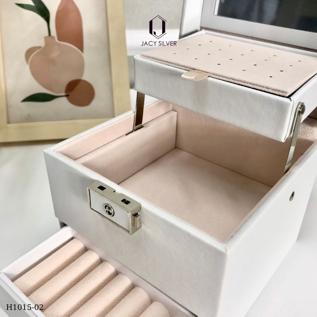 Hộp da đựng trang sức 3 tầng kèm gương, chống nước, hộp đựng nữ trang gọn gàng, tiện lợi H1015