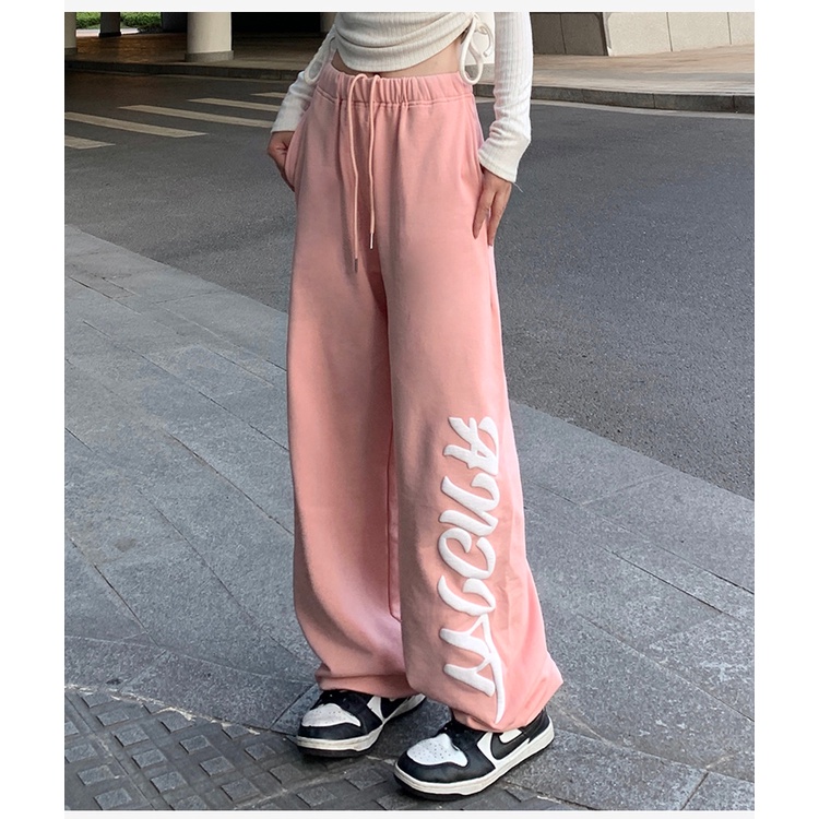 Quần Thể Thao Ống Rộng Lưng Cao In Họa Tiết Thời Trang Hàn Quốc Cho Nữ