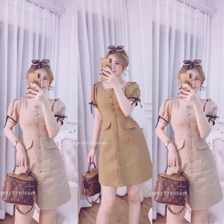 V518 Đầm kaki siêu hot hit, đầm dáng chữ A, 2 màu nâu, be dễ mặc cúc bọc sang trọng, phối túi giả