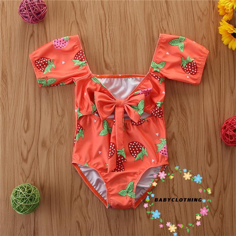 ღWSVღBaby Girl Strawberry Print One-Piece Toddler Swimsuit Short Sleeve Bow Hollow Swimsuit