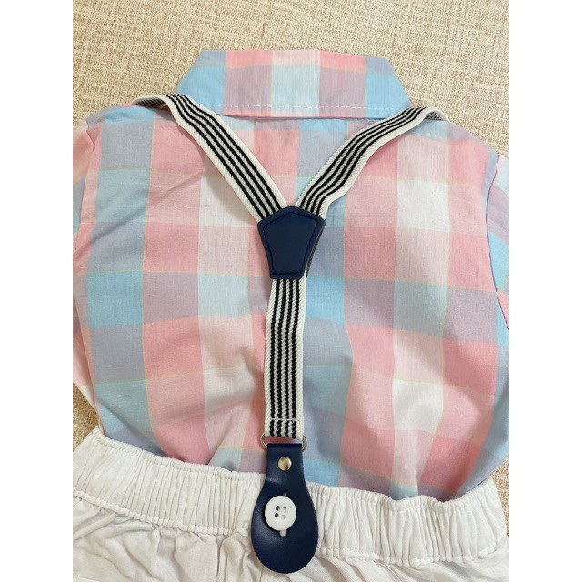 Set yếm và áo caro xanh hồng (6-21Kg) phù hợp chụp ảnh, thôi nôi cho bé trai - Vải thoáng mát cho bé hoạt động