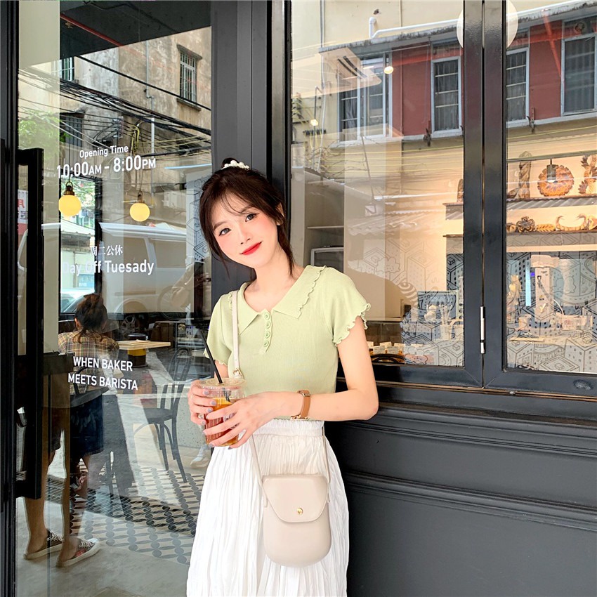 Áo thun ZHELIHANGFEI dệt kim ngắn tay phong cách học đường thời trang