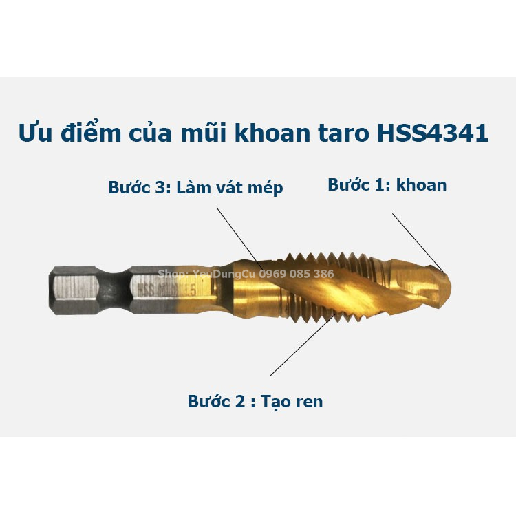 Mũi khoan taro ren phủ Coban từ M3 đến M10 HSS-M35. Mũi tạo ren chuôi lục giác chuẩn 6.35mm