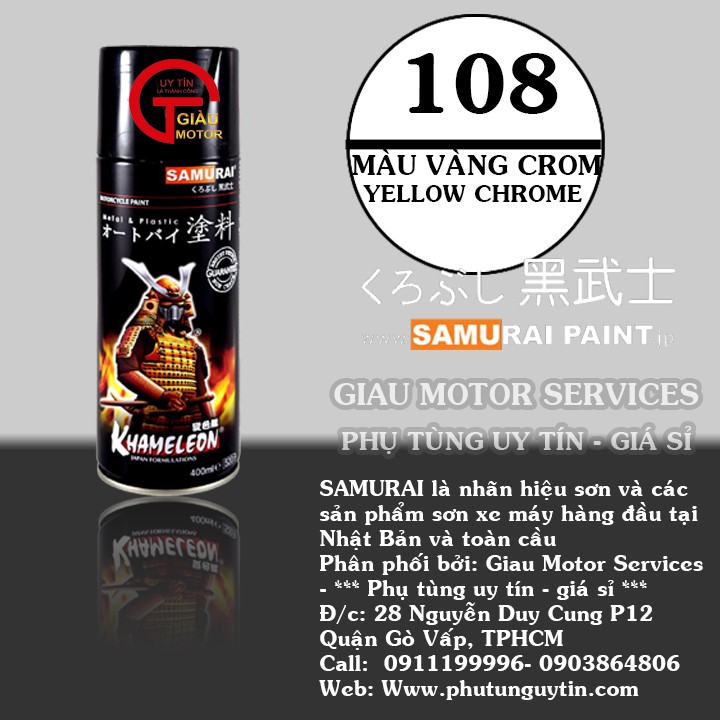 108 _ Chai sơn xịt sơn xe máy Samurai 108 màu vàng crome shop uy tín, giao nhanh, giá rẻ