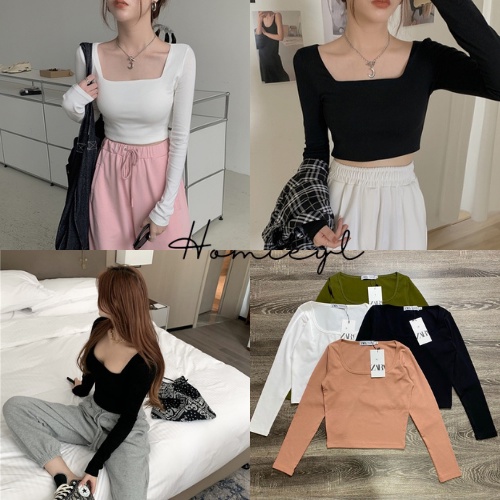 Áo croptop nữ tay dài cổ vuông Homieyl cao cấp, áo thun croptop dáng ôm body chất bozip đẹp H204