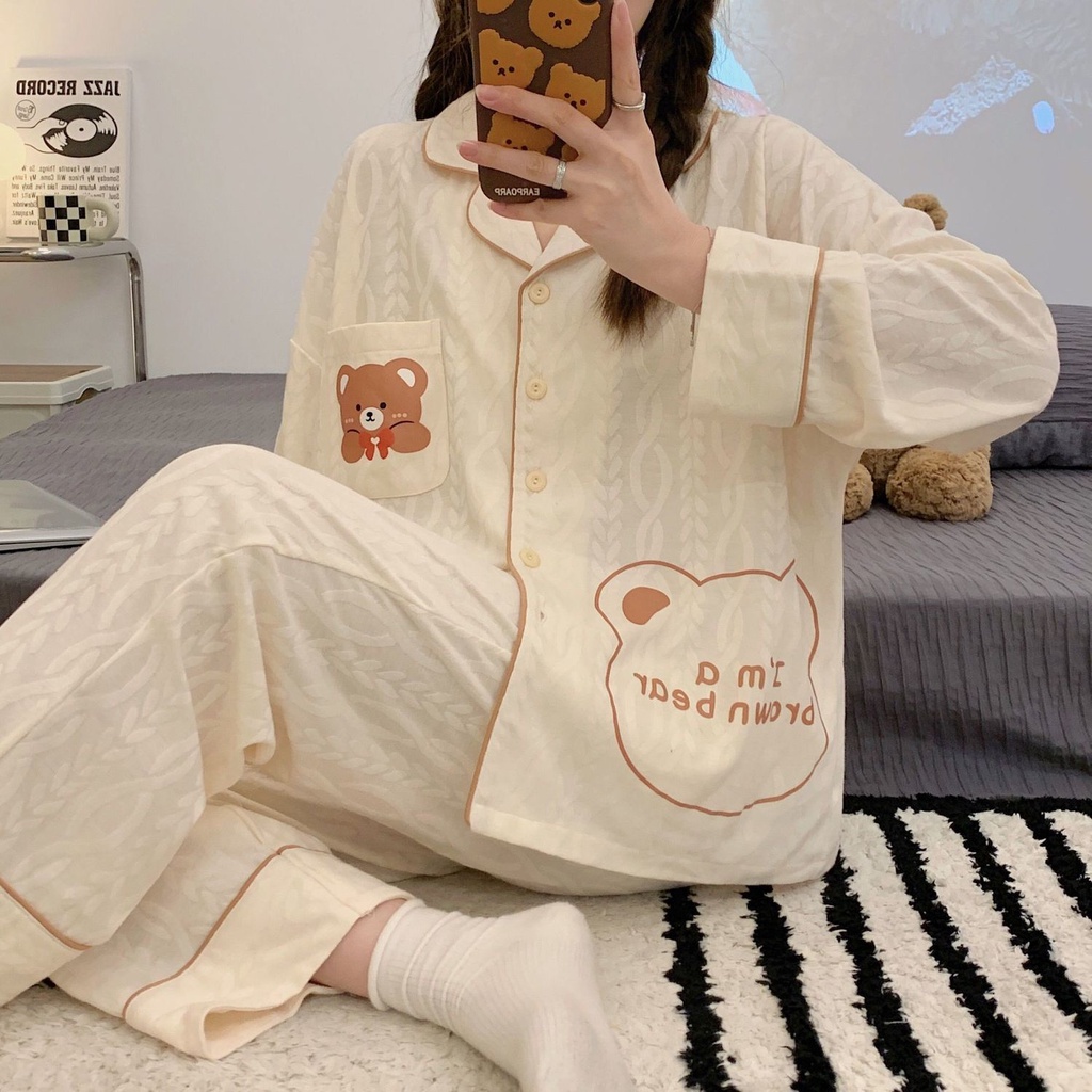 Bộ Đồ Ngủ Tay Dài Chất Cotton In Họa Tiết Dâu Tây / Gấu Dễ Thương Thời Trang Xuân Thu Cho Nữ