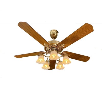 Quạt trần cổ điển đèn trang trí phòng khách quán SuperVilighting QTR-103 chao thuỷ tinh 5 cánh