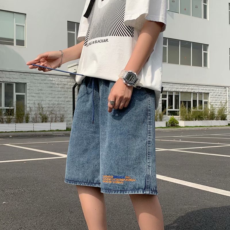 Quần short nam vải denim ống rộng thêu họa tiết thời trang phong cách retro