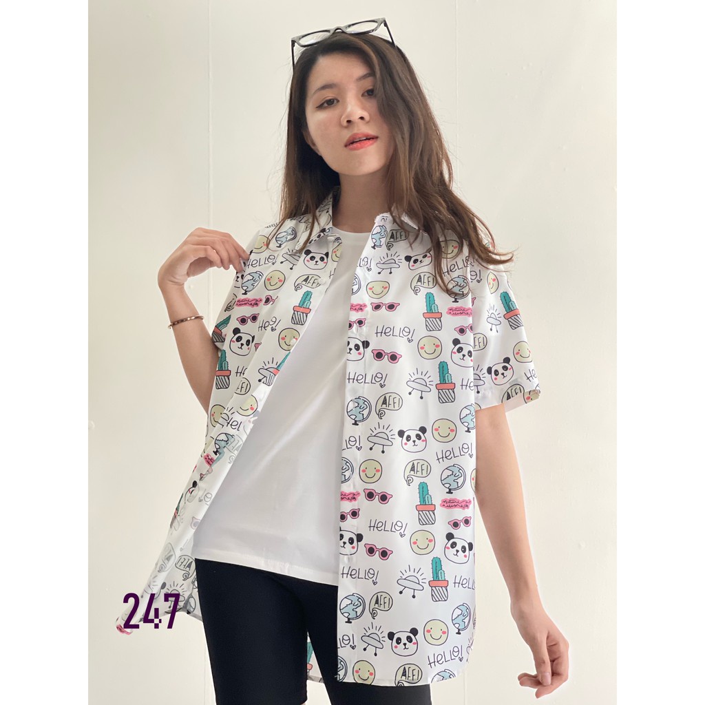 Áo Sơ Mi Nam Nữ Ngắn Tay Cổ Bẻ 247 In Họa Tiết Chú Gấu Mắt Kính Mặt Vui Chất Vải Thoáng Mát  Mẫu Siêu Cute - Hazo