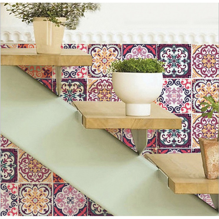 Decal gạch bông hoa văn đỏ hồng dạng rời (1 bộ 6 tấm 20cmx20cm)