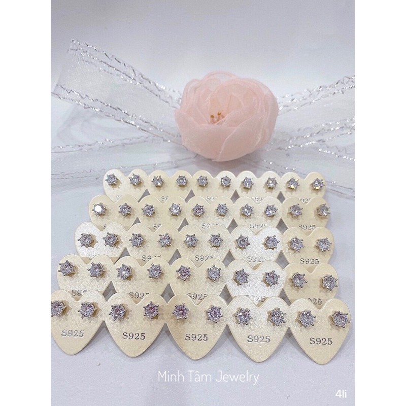 Bông tai nụ bạc S925 xi bạch kim,Khuyên tai nụ 6 chấu bạc 925 cao cấp-Minh Tâm Jewelry