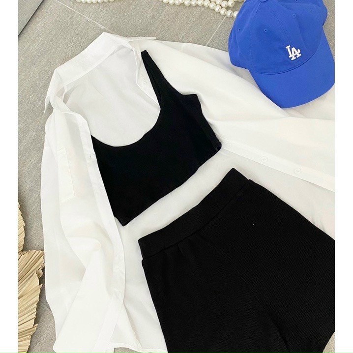 set 3 món áo 2 dây quần short kèm áo sơ mi voan mềm mịn form rộng