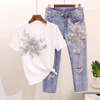 Set bộ quần jean +áo phông đính hoa