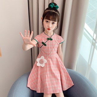 Đầm sườn xám họa tiết sọc caro xinh xắn cho bé gái