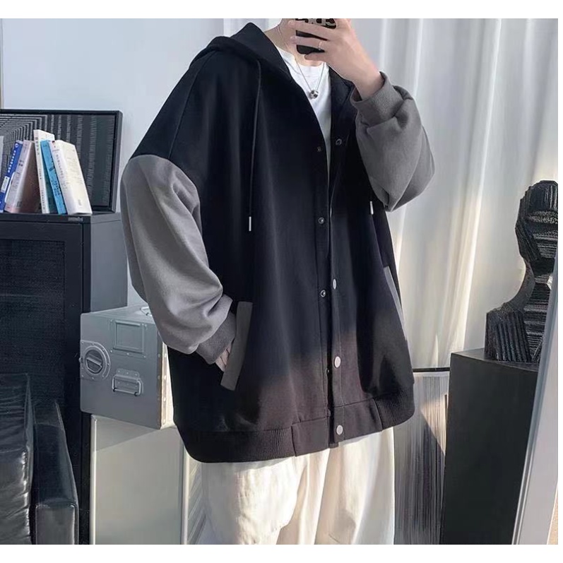 Áo khoác mũ bomber phối đen ghi