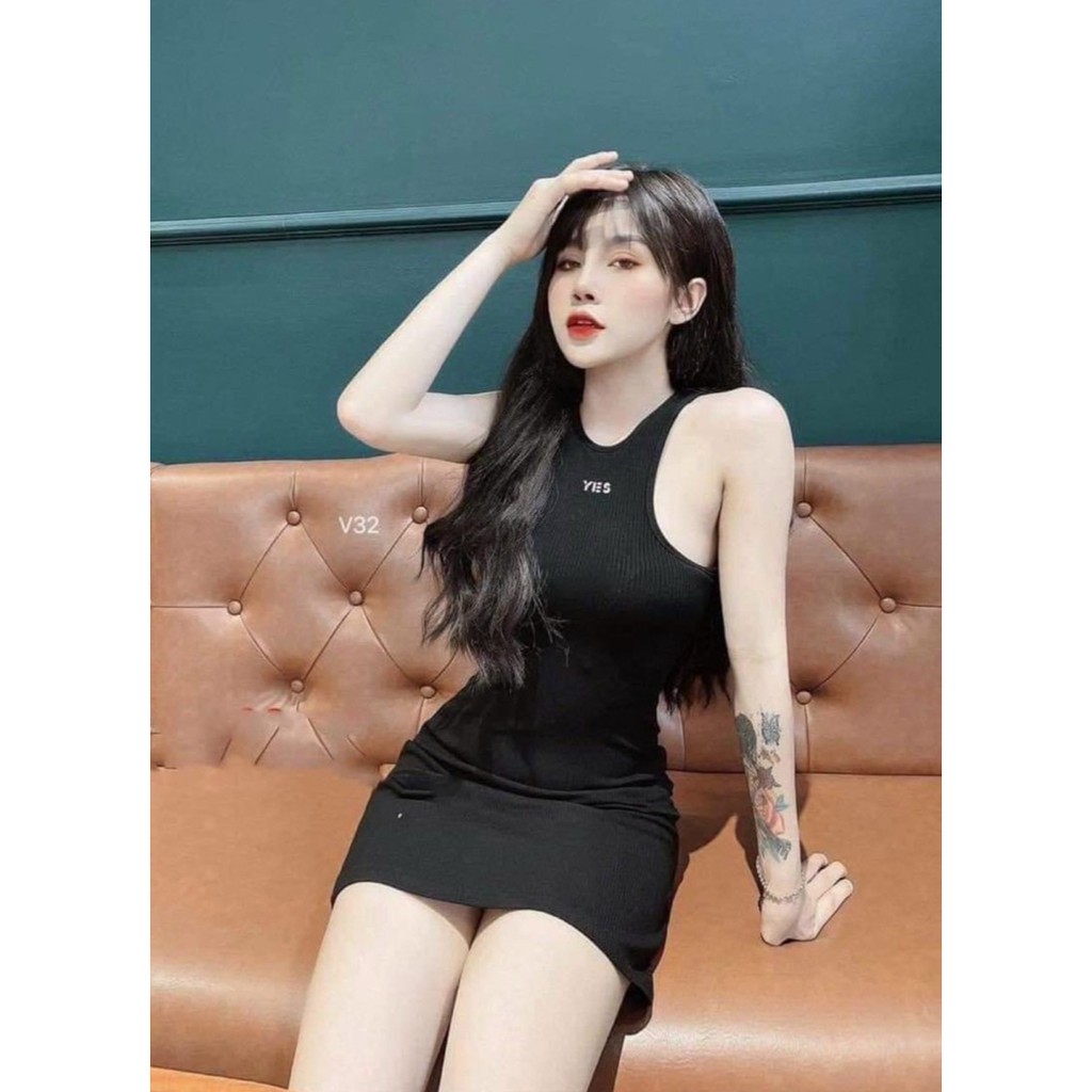 Đầm body ba lỗ in chữ YES chất thun gân dày dặn có 3 màu y hình MIDORI247