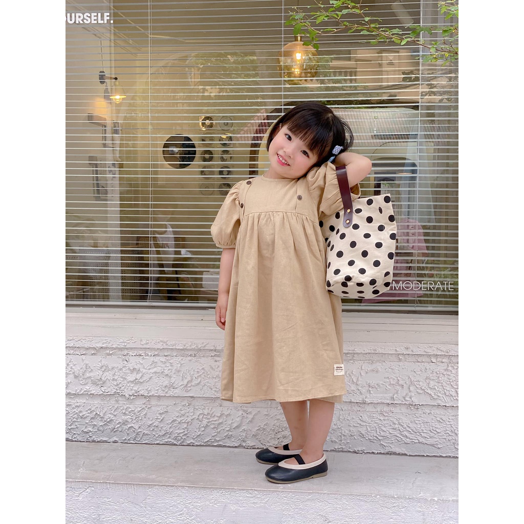 Đầm bé gái/ váy bé gái linen màu nâu đính nút vintage