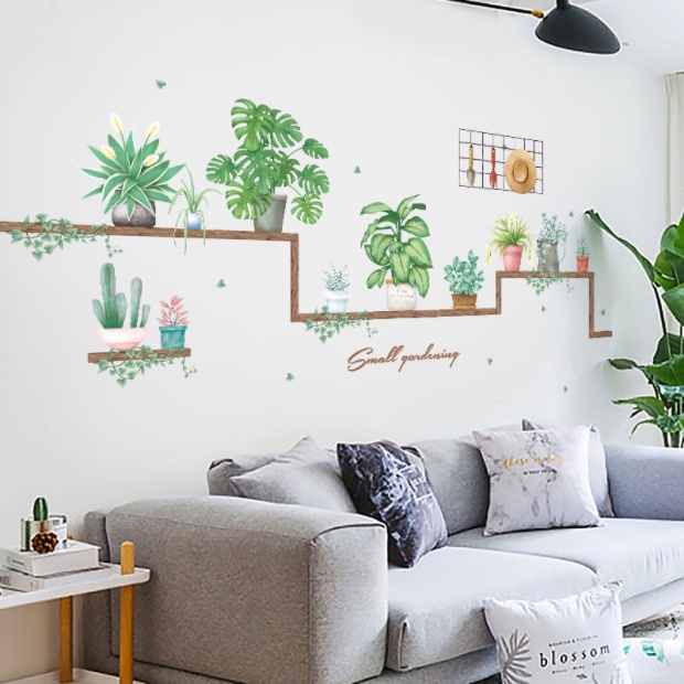 Decal trang trí tường - Những chậu hoa nhỏ trên kệ gỗ
