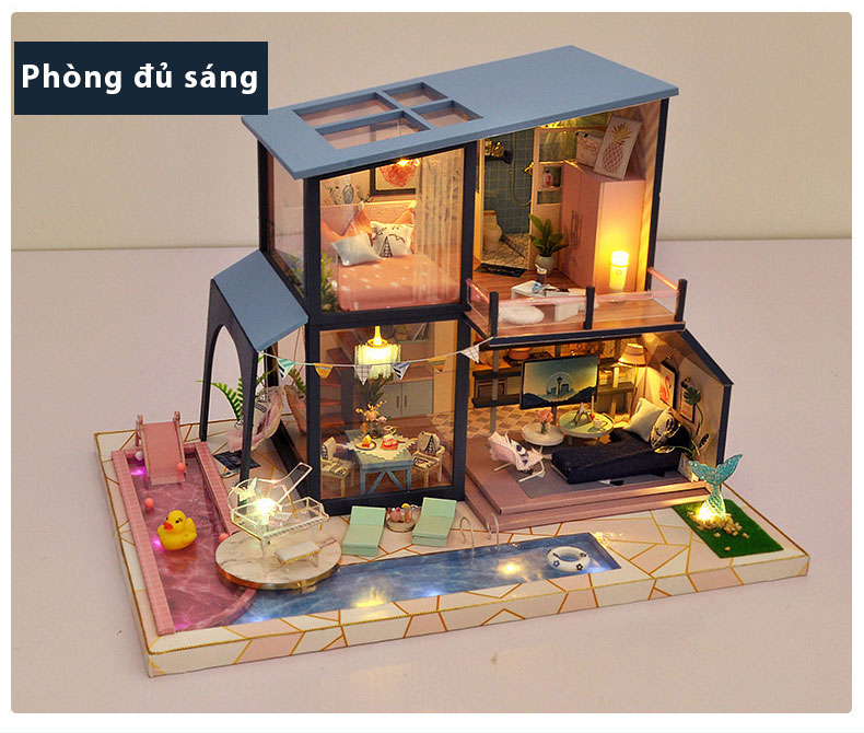 Nhà búp bê lắp DIY Dollhouse ghép bằng gỗ Mẫu Ngôi Nhà Nàng Tiên Cá tặng kèm Cót Nhạc ,MICA chắn bụi, dụng cụ lắp g