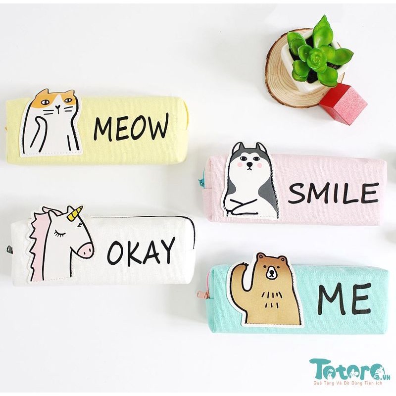 Túi đựng bút vải Thú Mắt Lồi Vịt Đội Nón Thú Cưng Hình thêu Động Vật