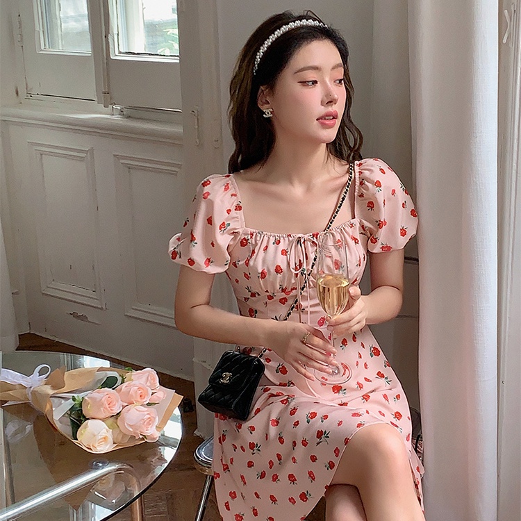 Đầm Tay Phồng Cổ Vuông Họa Tiết Hoa Xẻ Tà Phong Cách Hàn Quốc Thời Trang Mùa Hè Cho Nữ