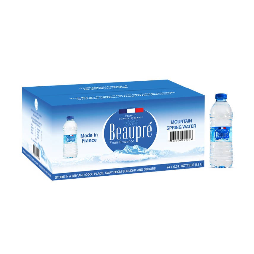 Thùng 24 chai nước suối thiên nhiên Beaupre Pháp 500ml được lấy từ tâm dãy núi Provence Pháp, chất lượng Châu Âu